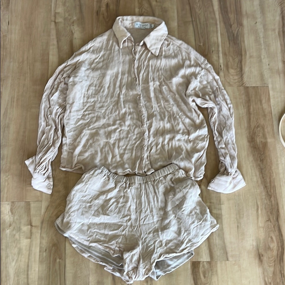 Cream Oversized Boxy Button Down Shirt and Shorts Set
